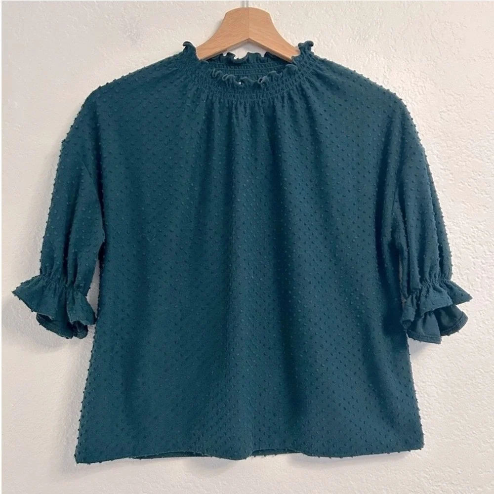 Madewell Texture & Thread Top Teal Green Swiss Dot Smocked Mock Neck Size XS